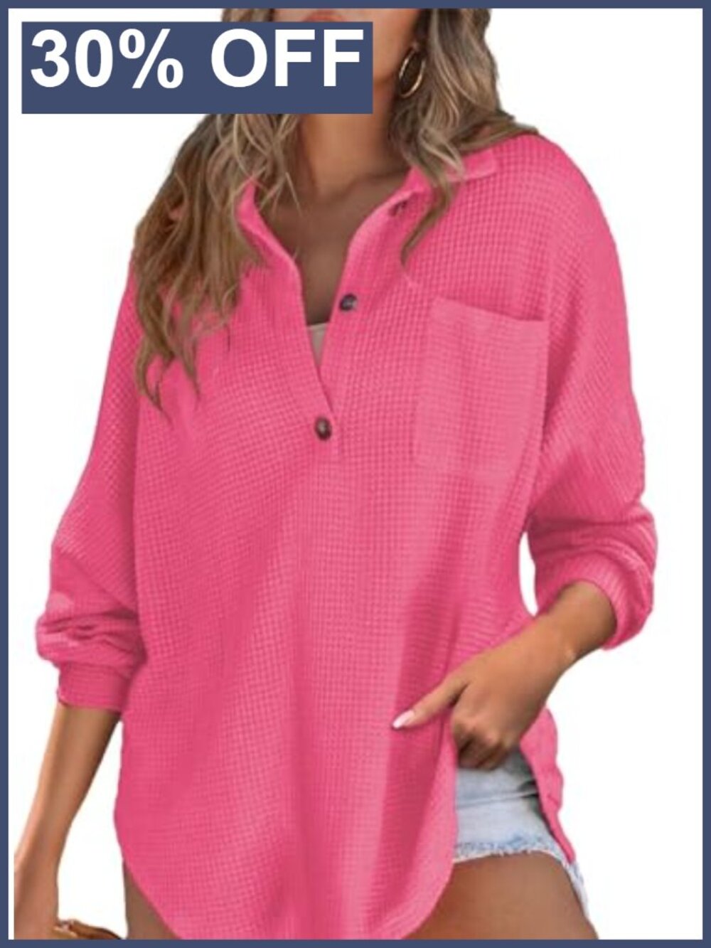 Waffle Knit Henley Top Oversized Tunic Button Down Long Sleeve